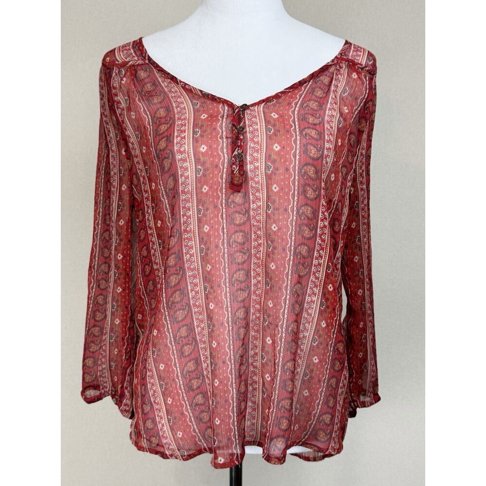 Lucky Brand Women's Peasant Top M Maroon Red Paisley Sheer Boho Hippie